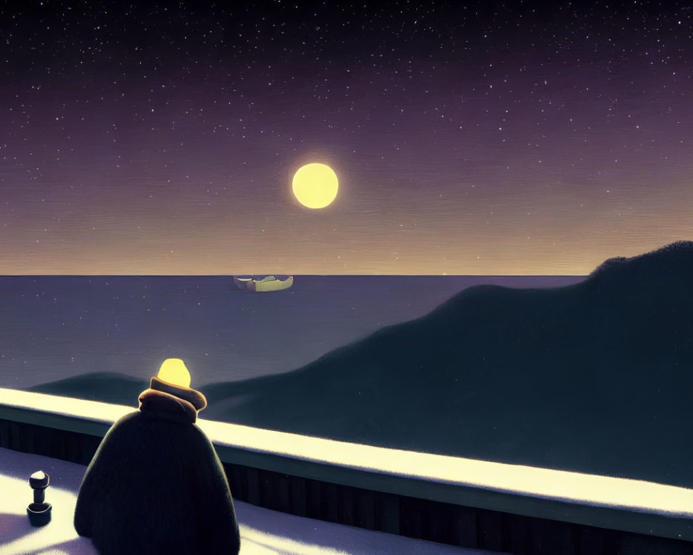 Person in Yellow Hat Contemplates Night Seascape with Full Moon and Stars