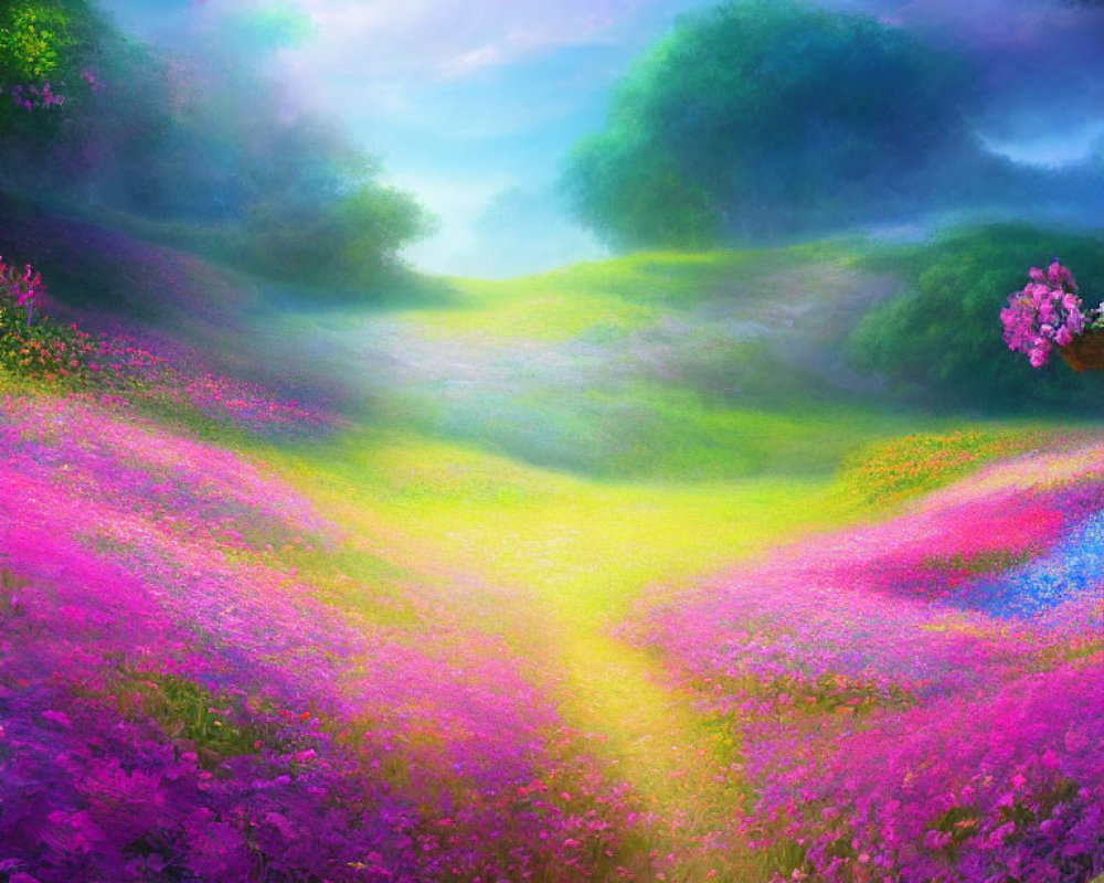 Colorful Blooming Meadow Painting with Dreamy Sky