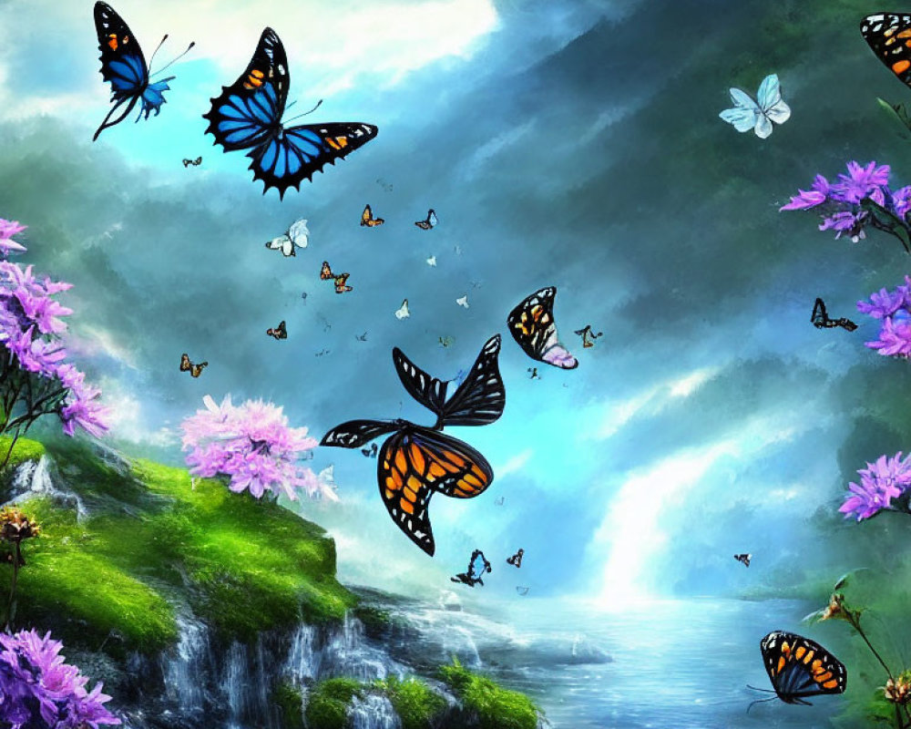 Tranquil nature scene with colorful butterflies, waterfall, lush greenery, pink flowers