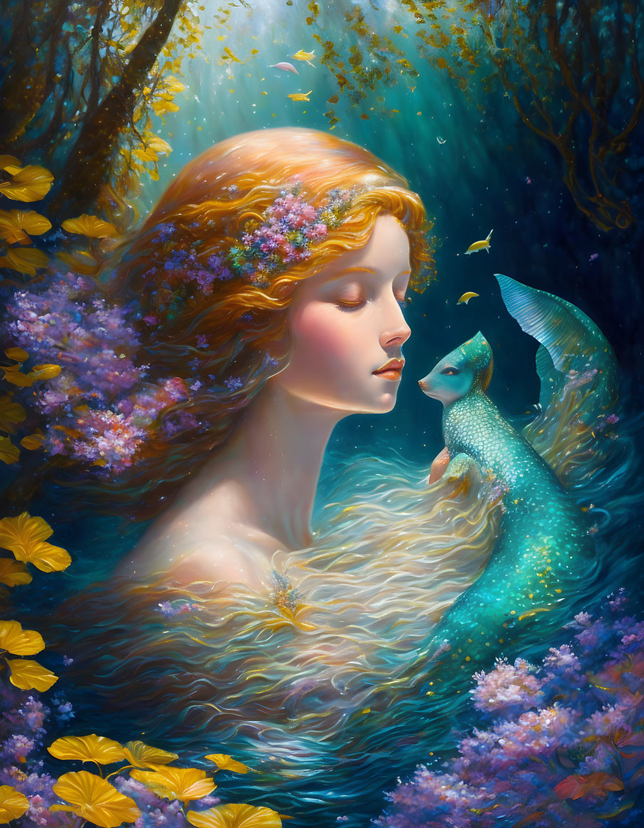 Woman with floral hair submerged in flower-filled water holding luminescent fish