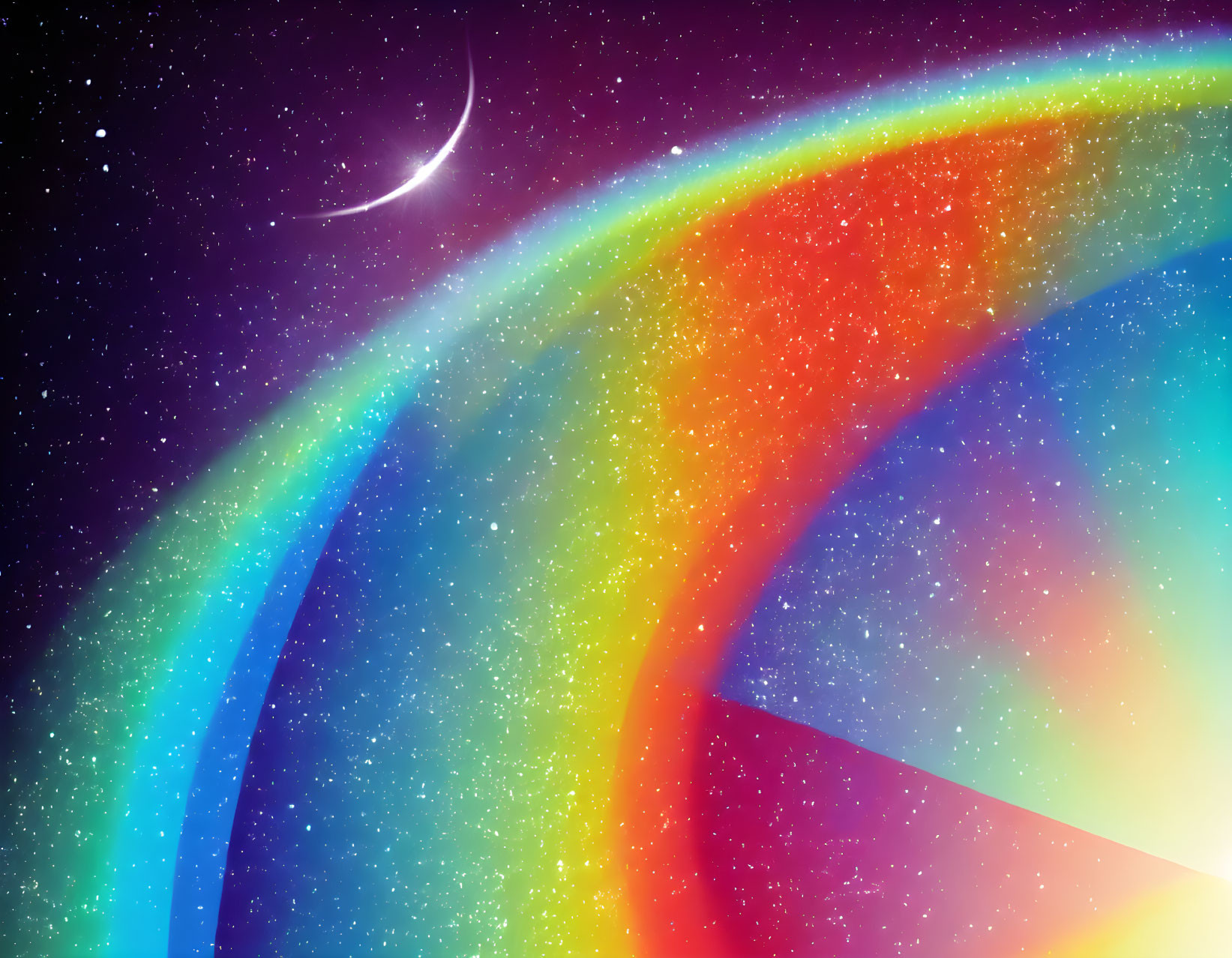 Vibrant cosmic rainbow over starlit sky with crescent moon