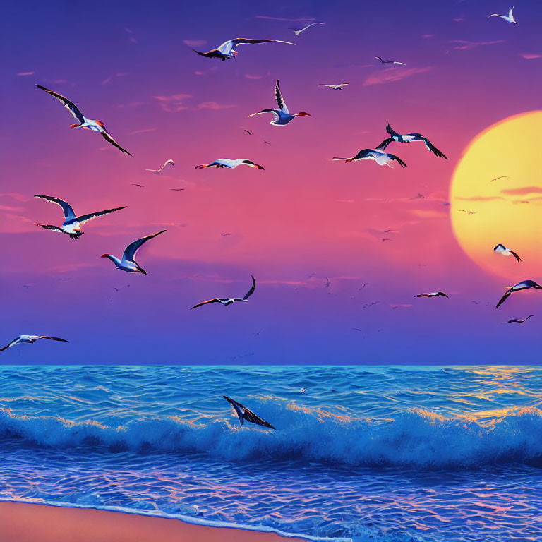 Tranquil beach sunset with large glowing sun in pink sky