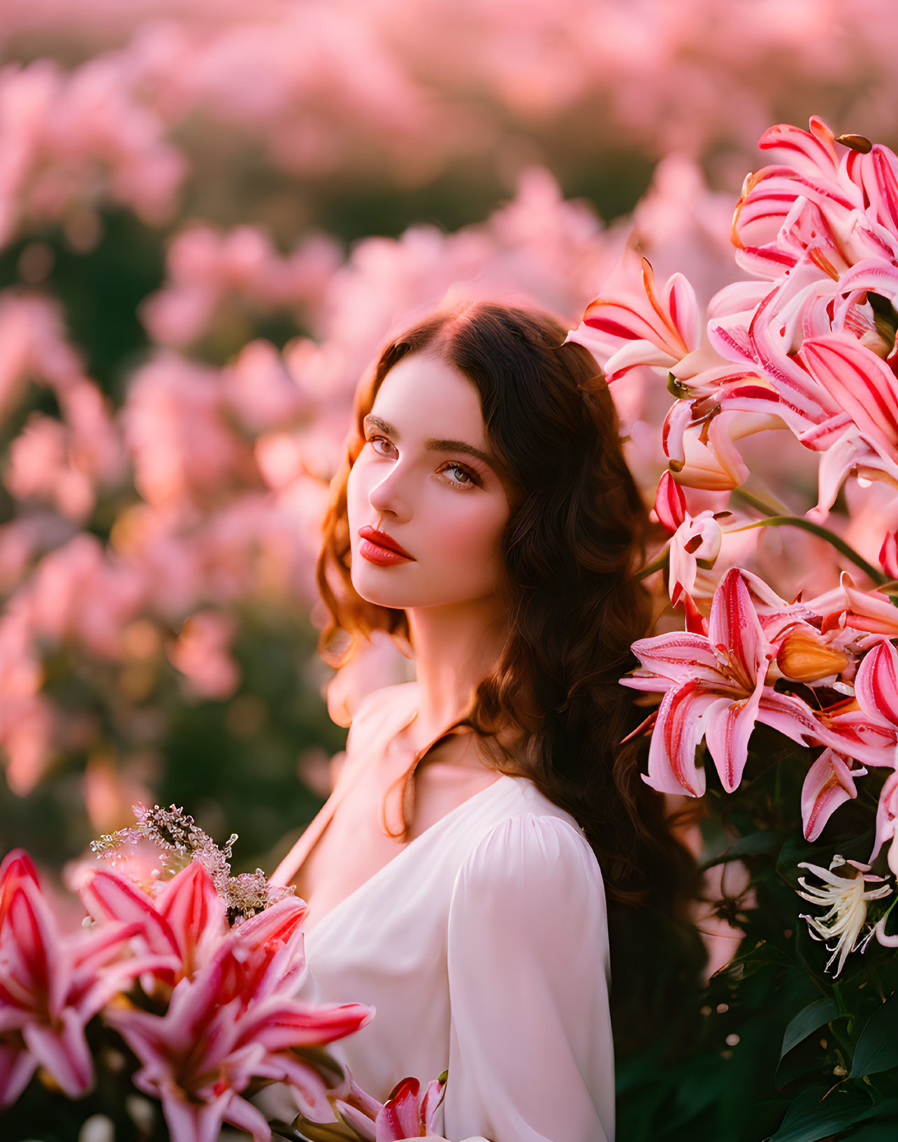 Woman surrounded by vibrant pink lilies under soft sunlight