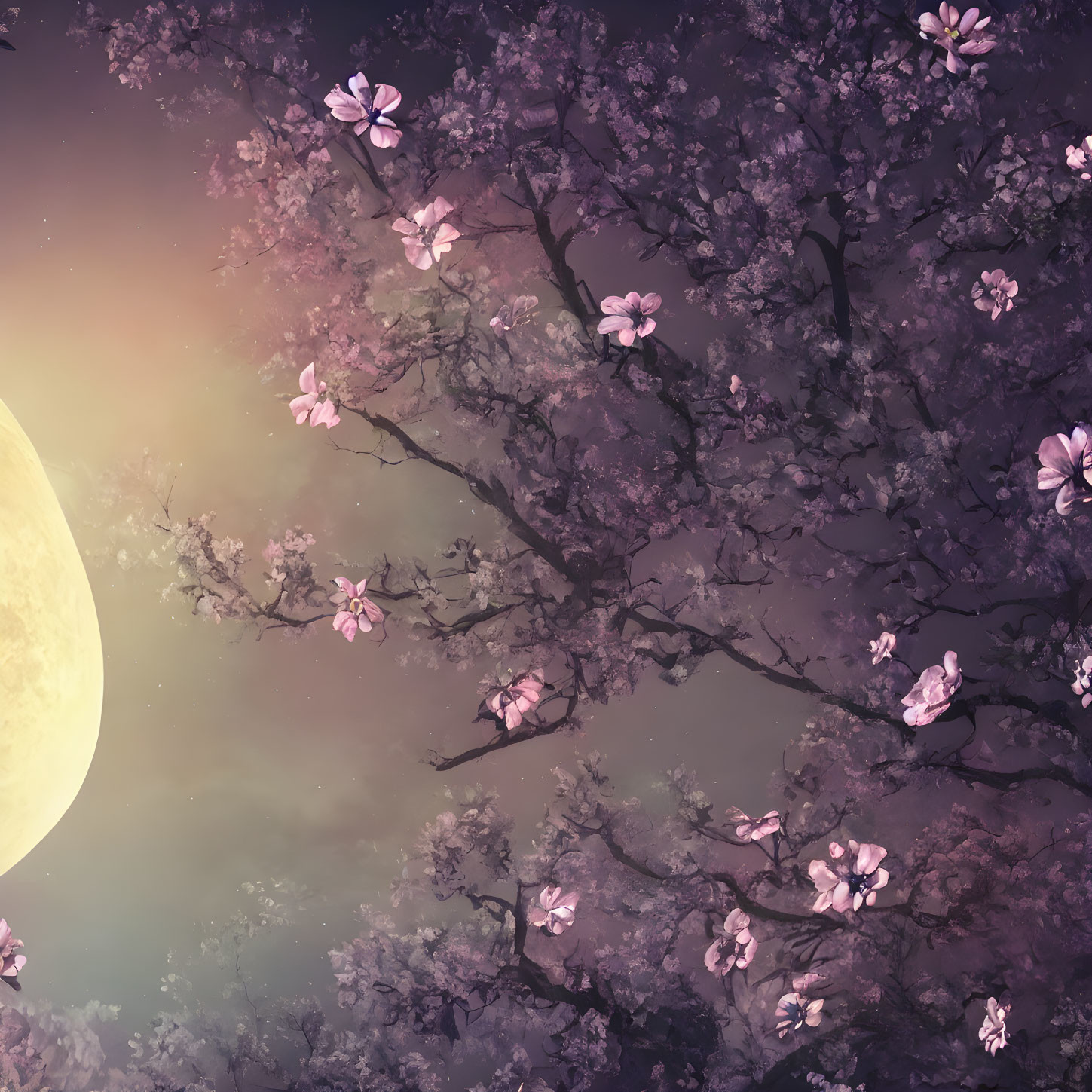 Cherry Blossoms Twilight Sky Yellow Moon Illustration