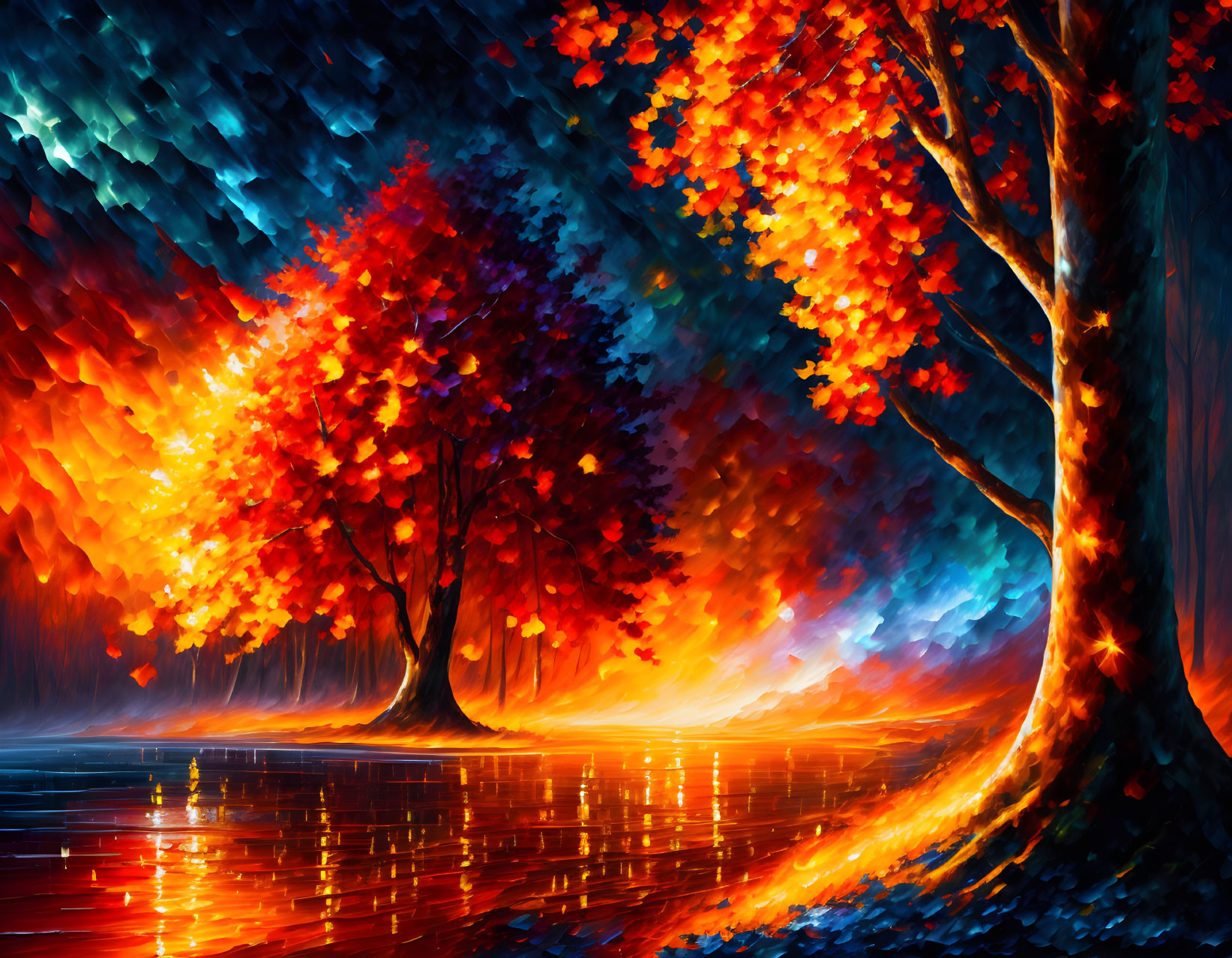 Colorful painting of fiery red and orange trees against a blue backdrop