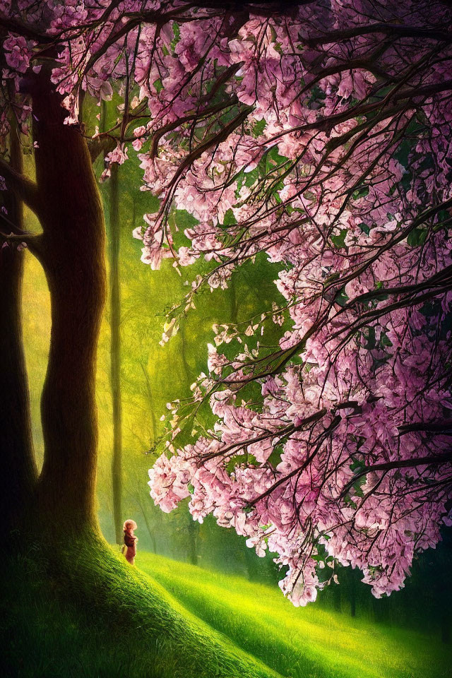 Child under blooming cherry blossom tree in sunlight on green grass.