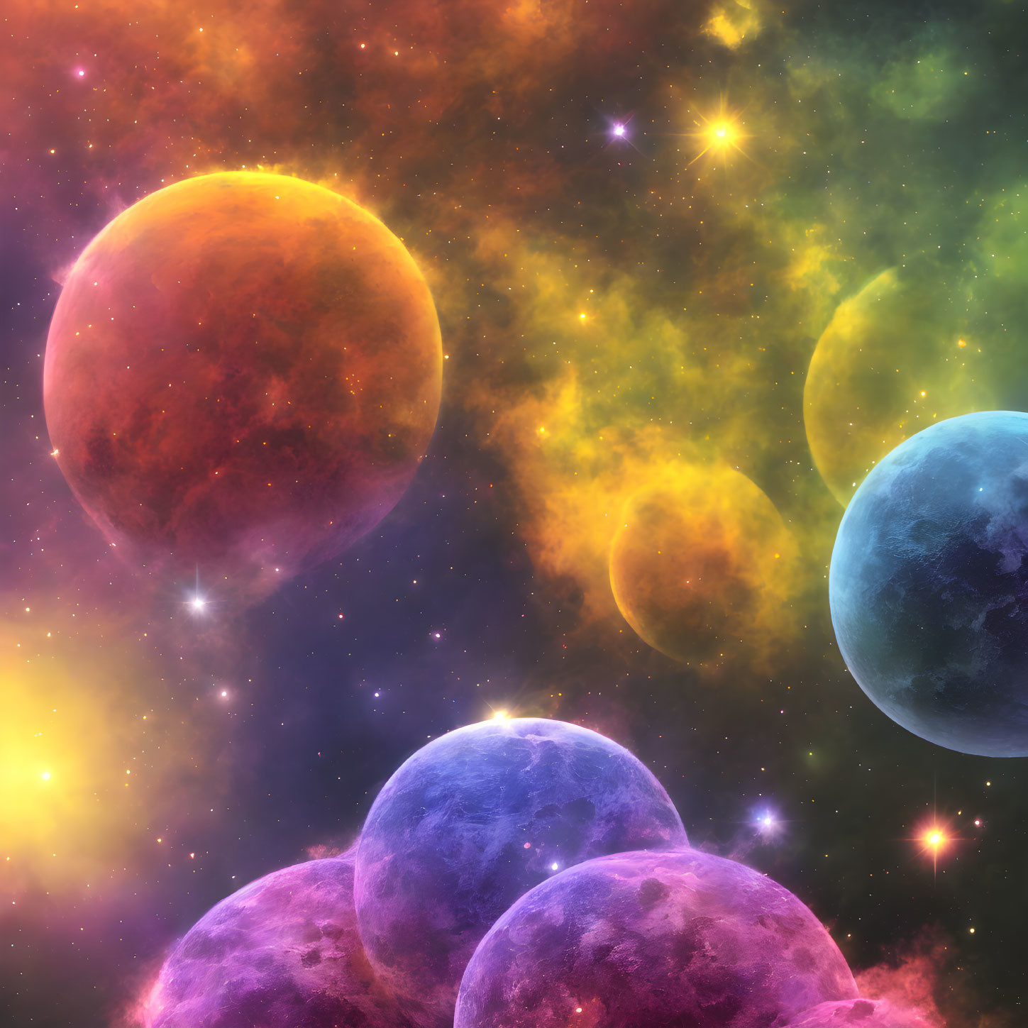 Vividly Hued Planets and Stars in Colorful Space Scene