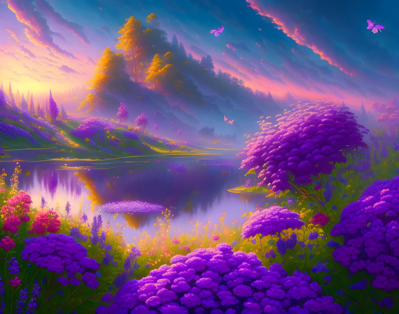 Colorful landscape with purple flowers, tranquil lake, green trees, and pink-blue sky.