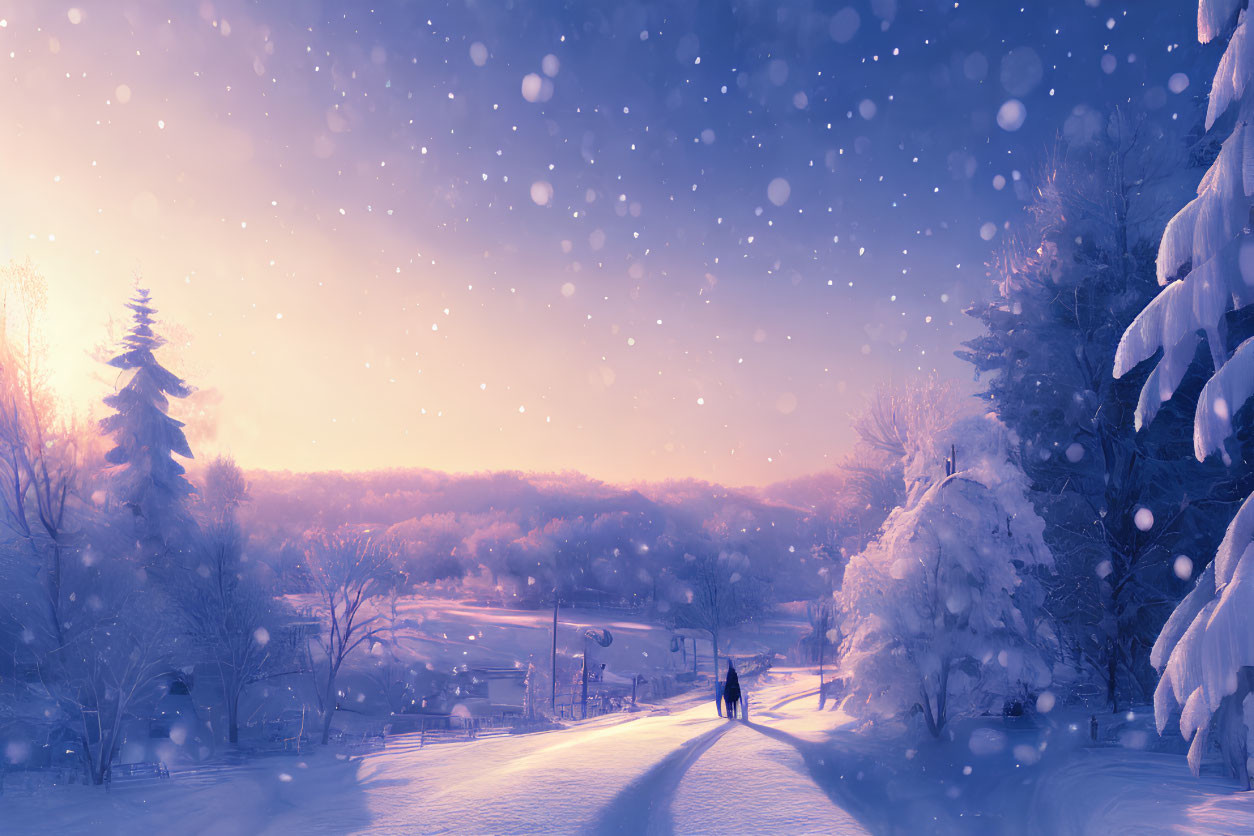 Snow-covered trees and gentle sunset in serene winter scene