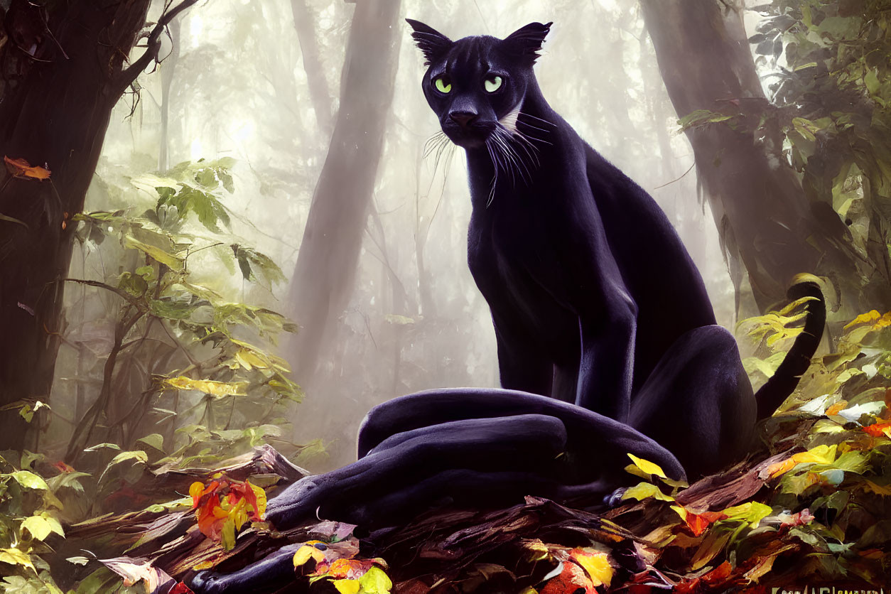 Digital Art: Black Panther with Green Eyes in Misty Autumn Forest