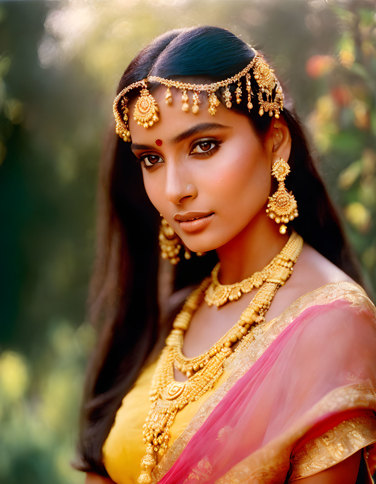 Traditional Indian attire woman in serene pose with jewelry against natural backdrop