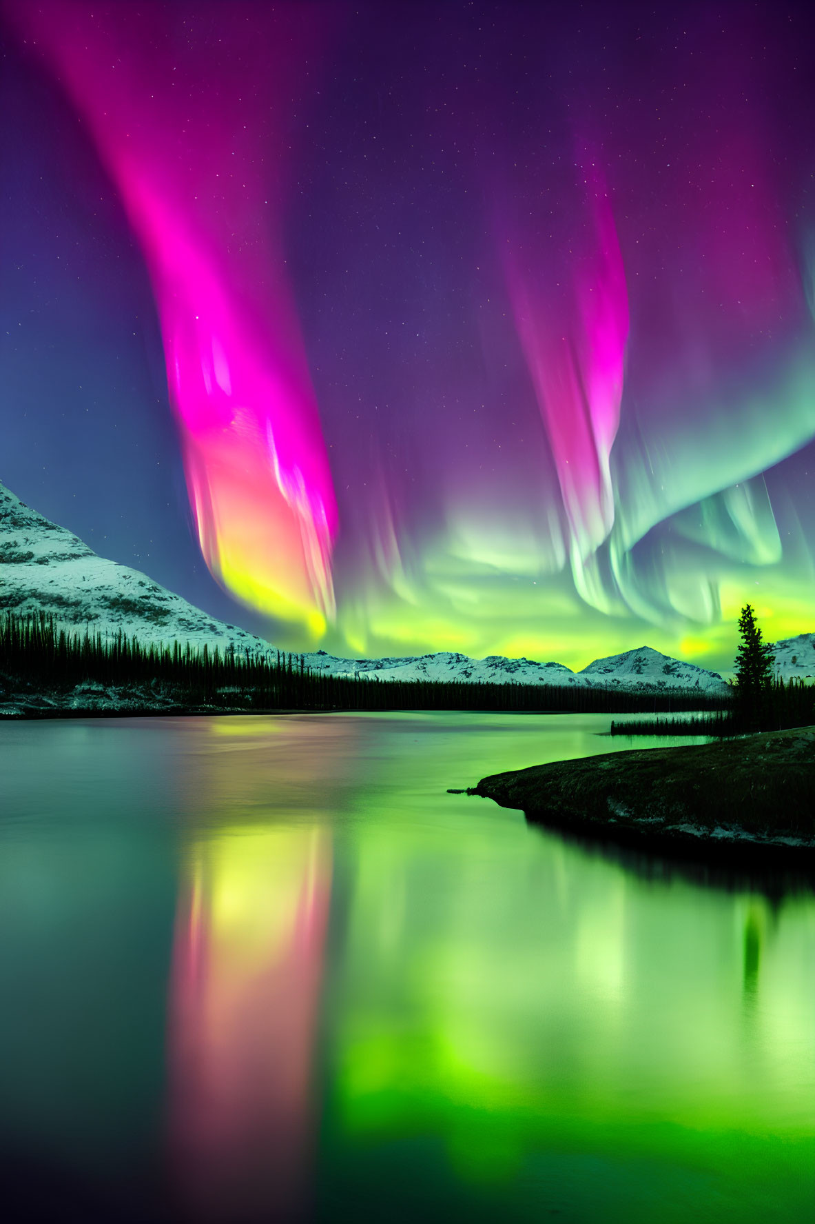 Colorful Aurora Borealis Reflecting in Mountain Lake