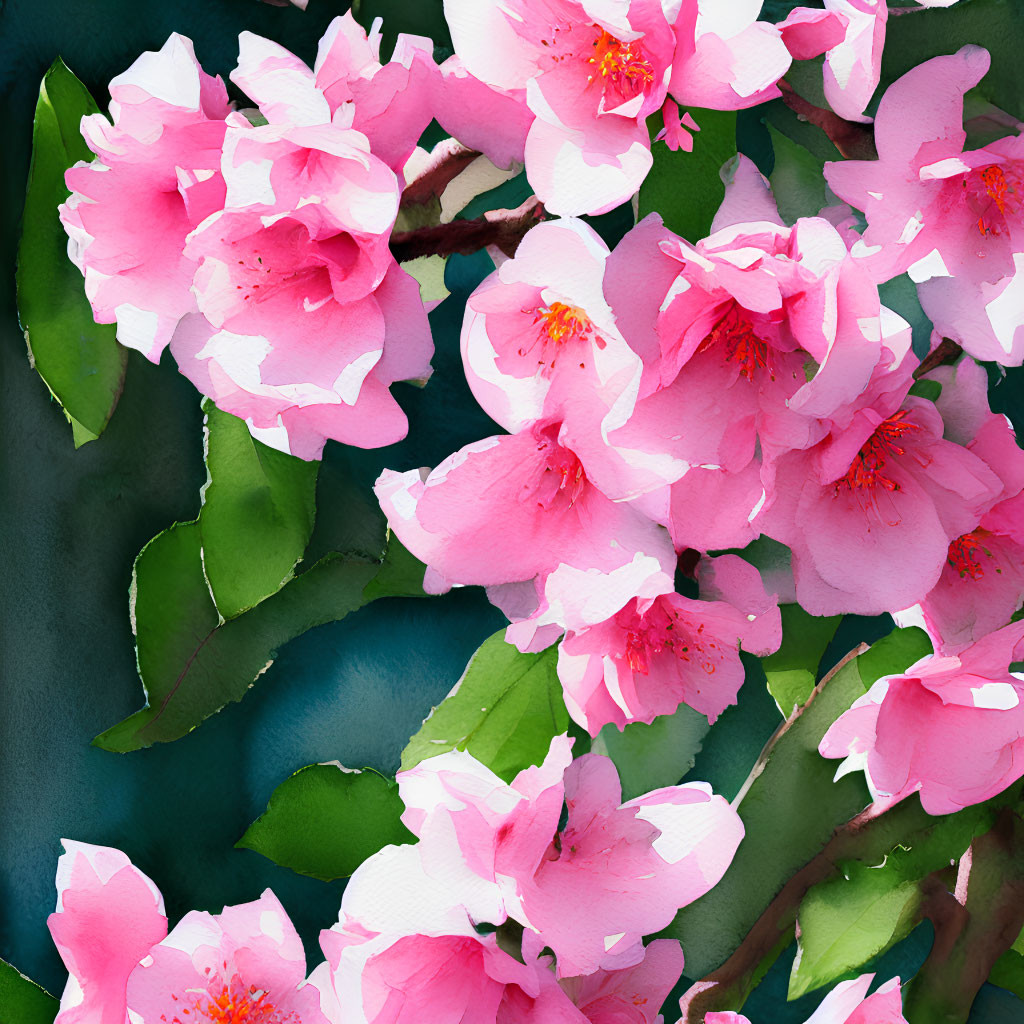 Pink Camellia Flowers with Yellow Stamens on Dark Blue Background