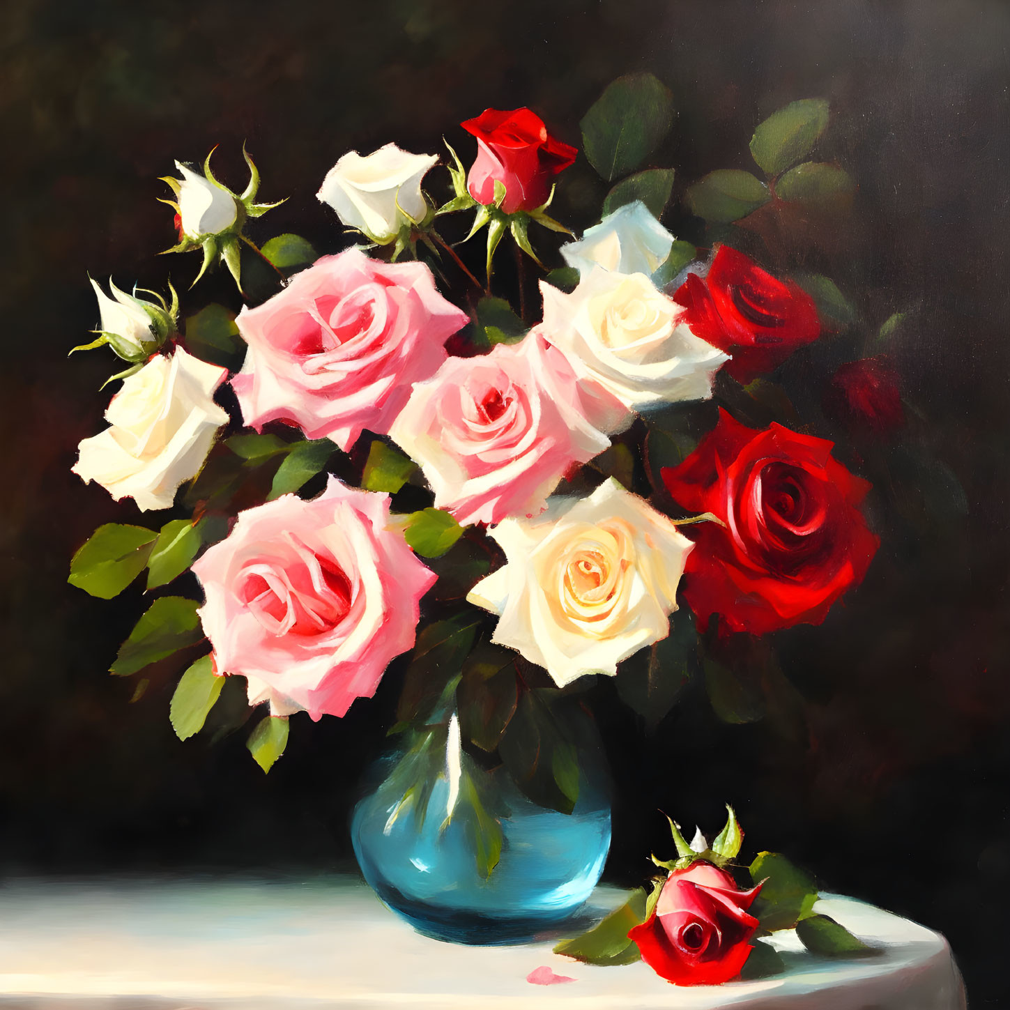 Colorful Oil Painting of Roses Bouquet in Blue Vase