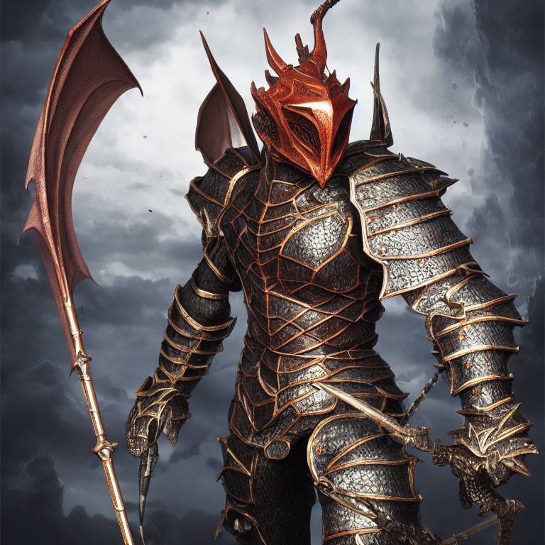 Detailed Black and Red Armored Dragon Warrior with Spear under Stormy Sky