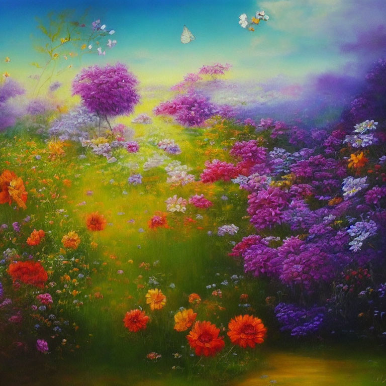 Colorful Flower Meadow Painting with Butterflies and Dreamy Sky