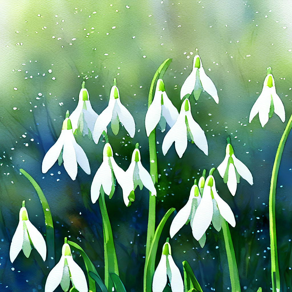 White snowdrop flowers with droplets on green and blue rainy day background