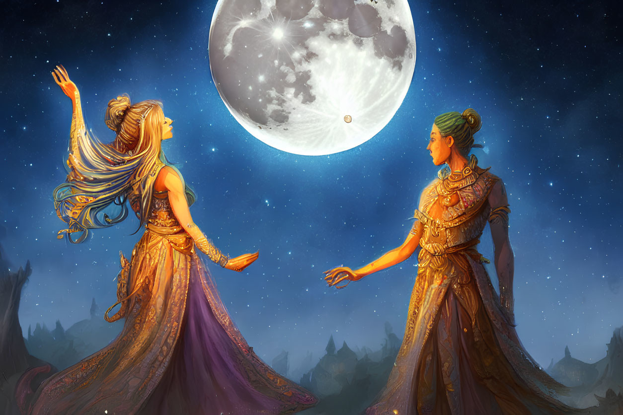 Ethereal women in flowing gowns under large moon