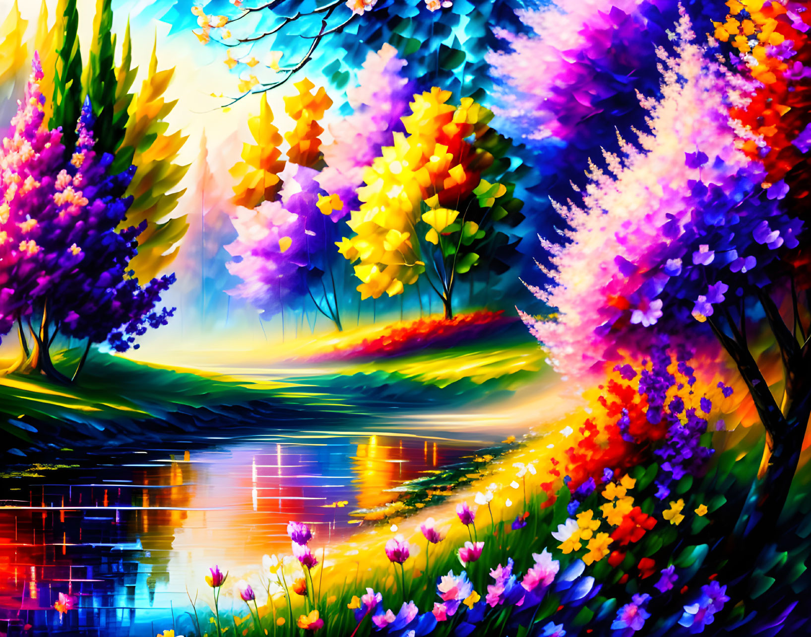 Colorful forest painting with river reflection under blue sky