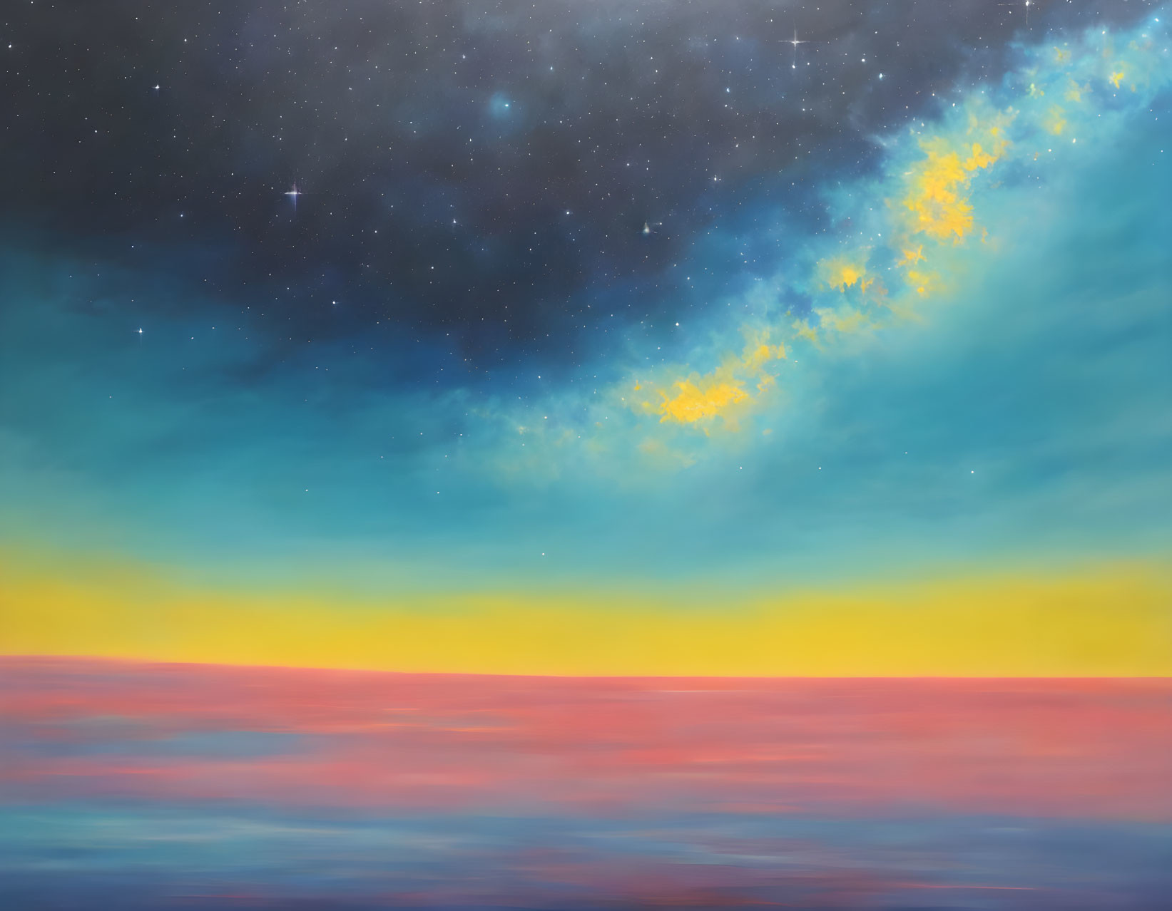 Cosmic painting with starry night sky and warm orange horizon