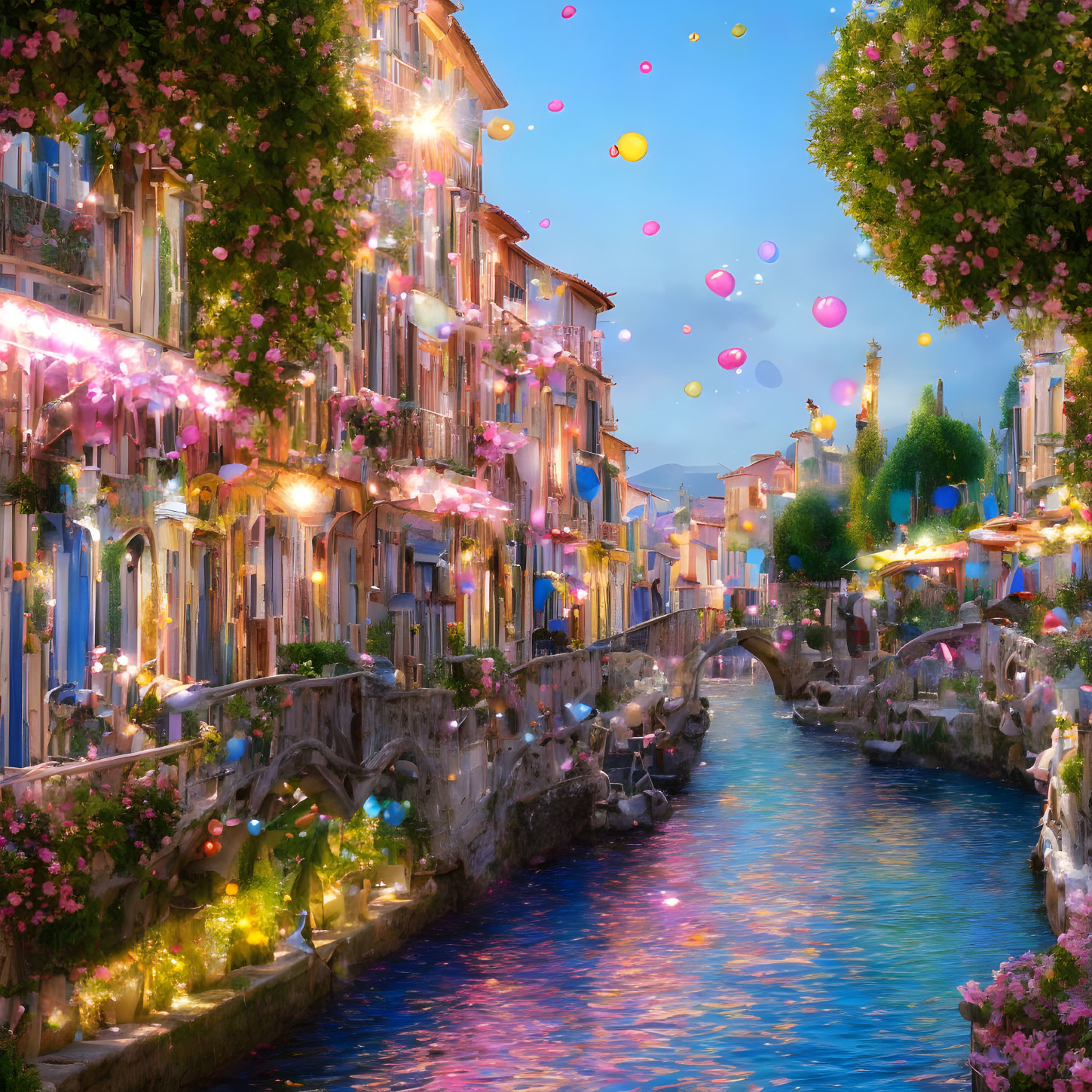 Scenic canal with flower-adorned buildings and colorful balloons at dusk