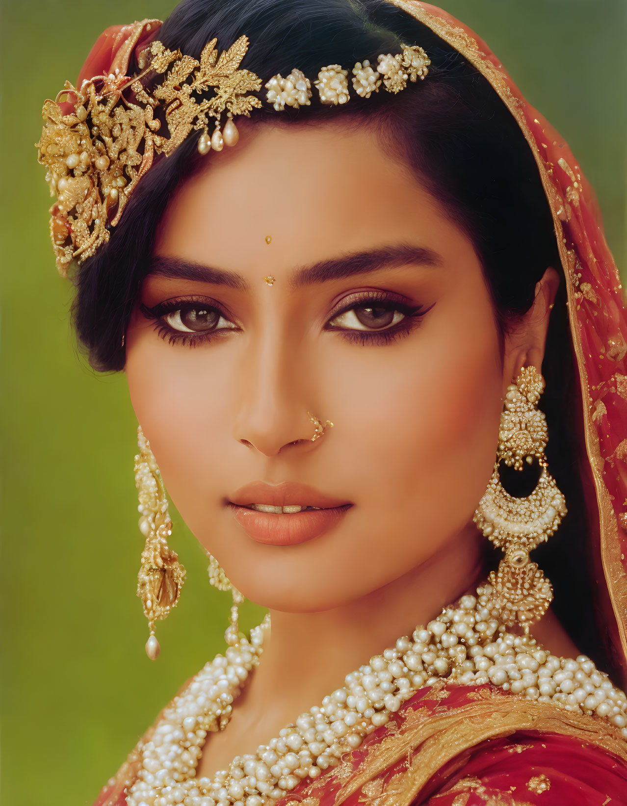 Traditional South Asian bridal attire with intricate jewelry and red veil