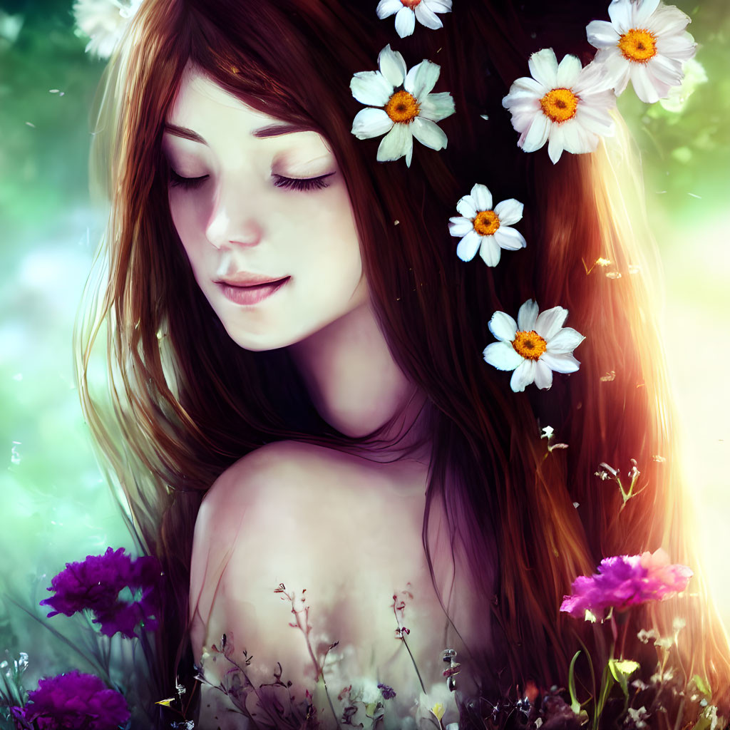 Woman with Flowing Hair and White Daisies in Digital Artwork