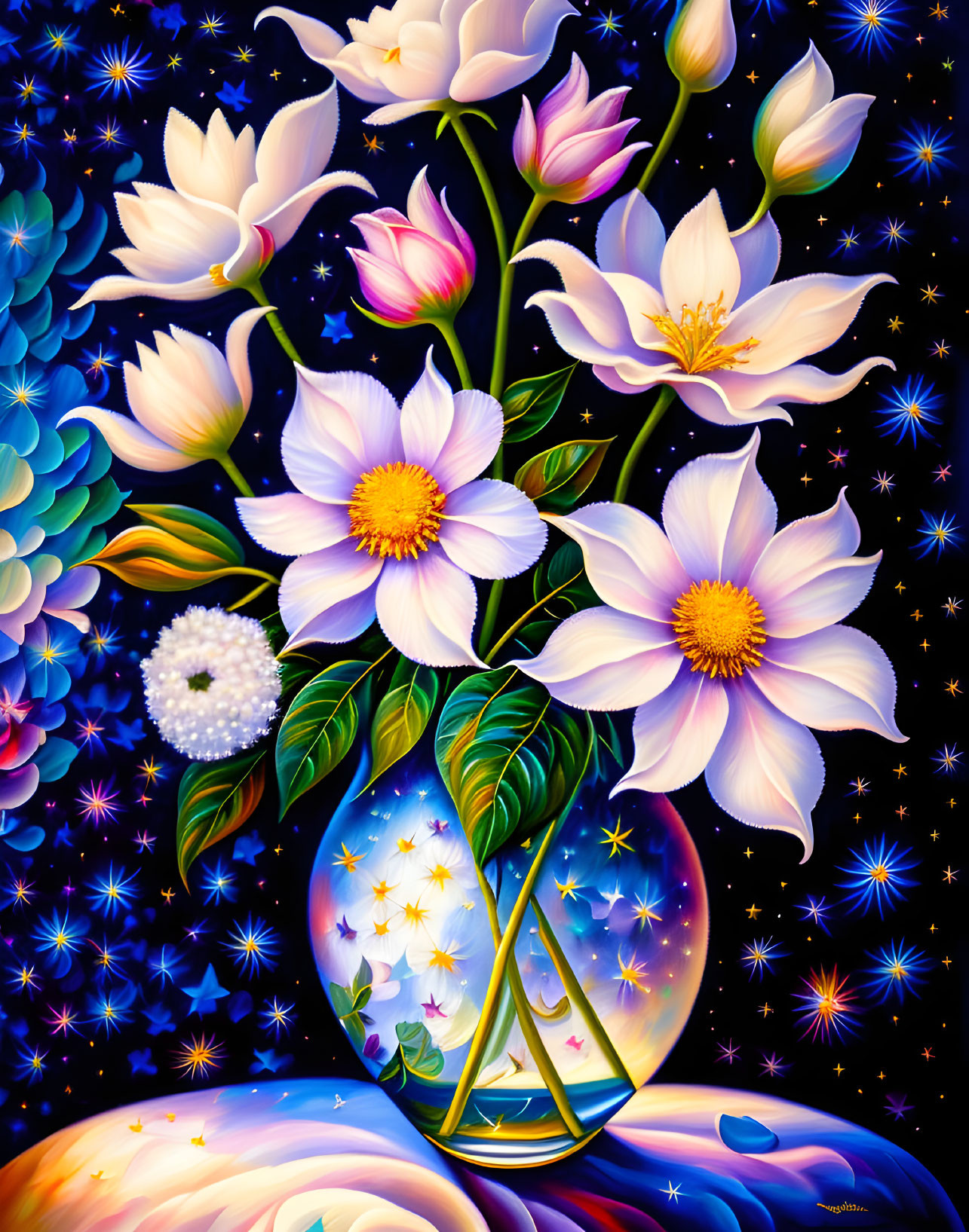 White Flowers Painting with Cosmos-Themed Background and Hourglass