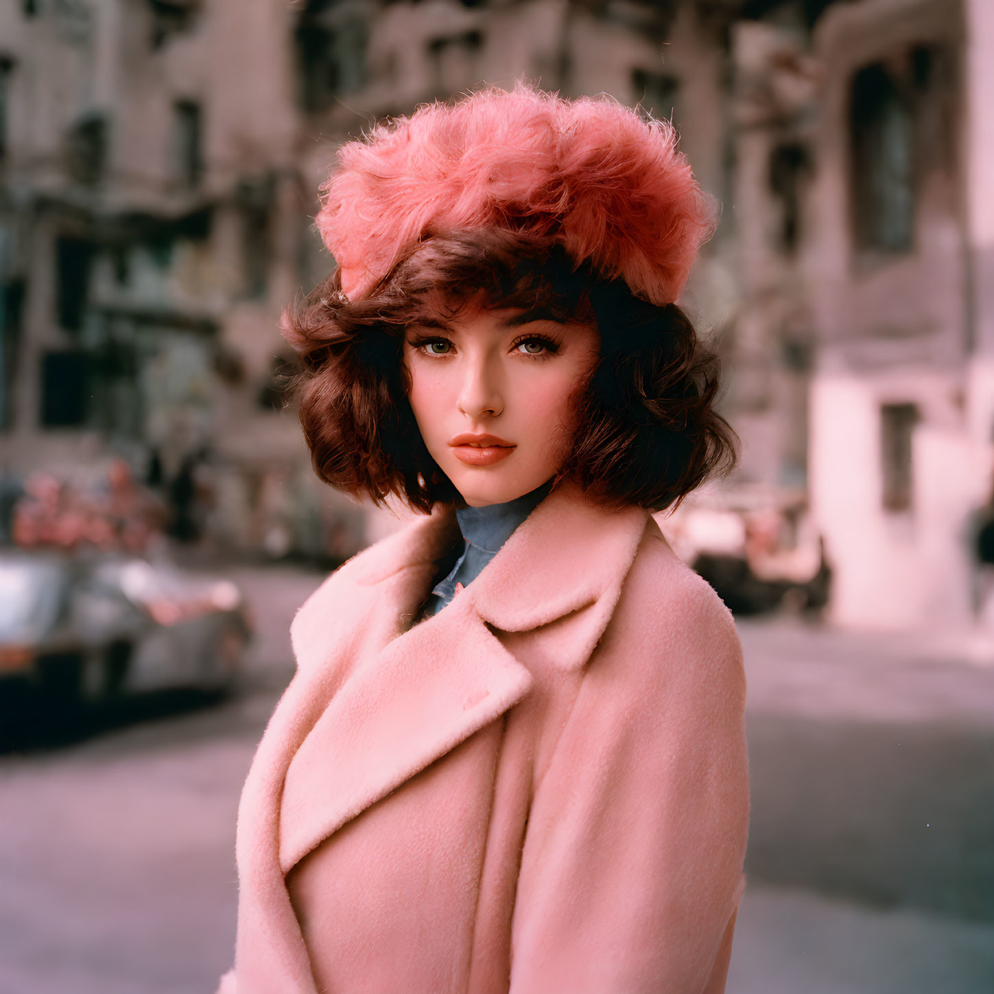 Woman in Pink Hat and Coat with Voluminous Brown Hair Poses on City Street