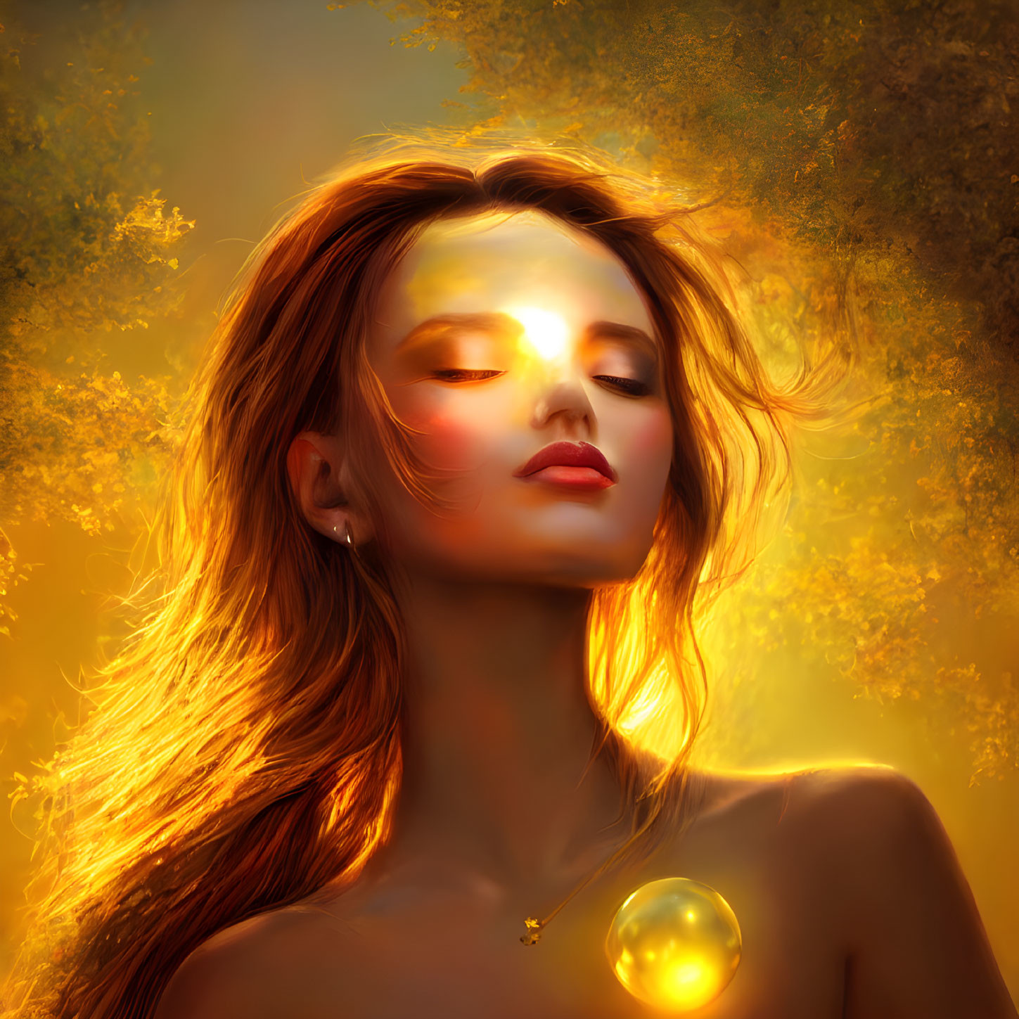 Serene woman in golden light with glowing orb on warm backdrop