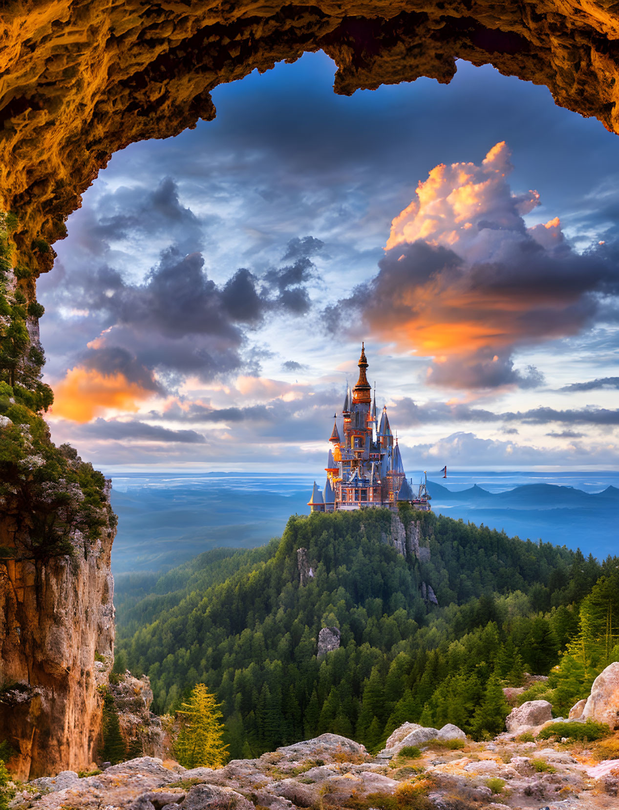 Castle on forested hill seen through cave opening at sunset