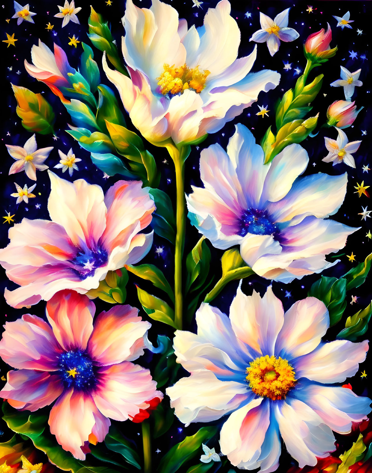 Colorful cosmic flower painting on starry night background