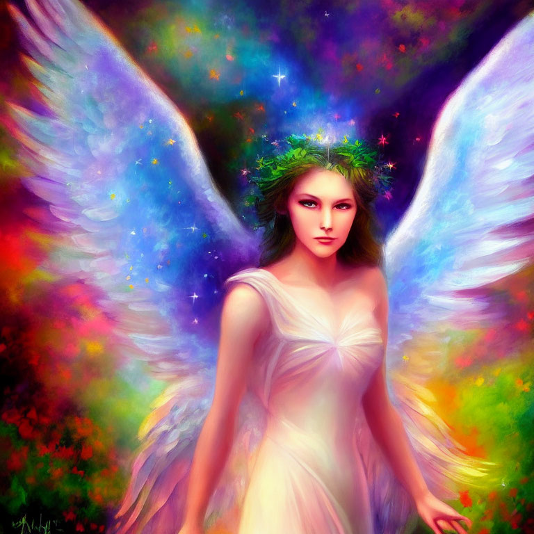 Colorful illustration of woman with angelic wings and wreath in cosmic setting