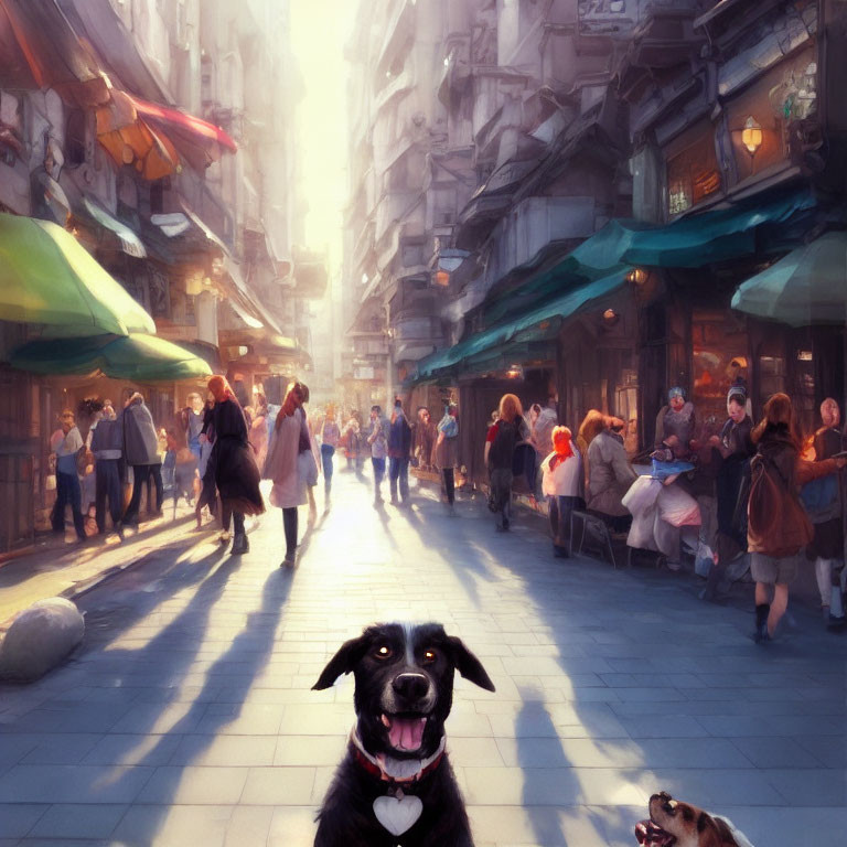 Happy black dog in bustling urban street scene with sidewalk cafes and people dining on a sunny day.