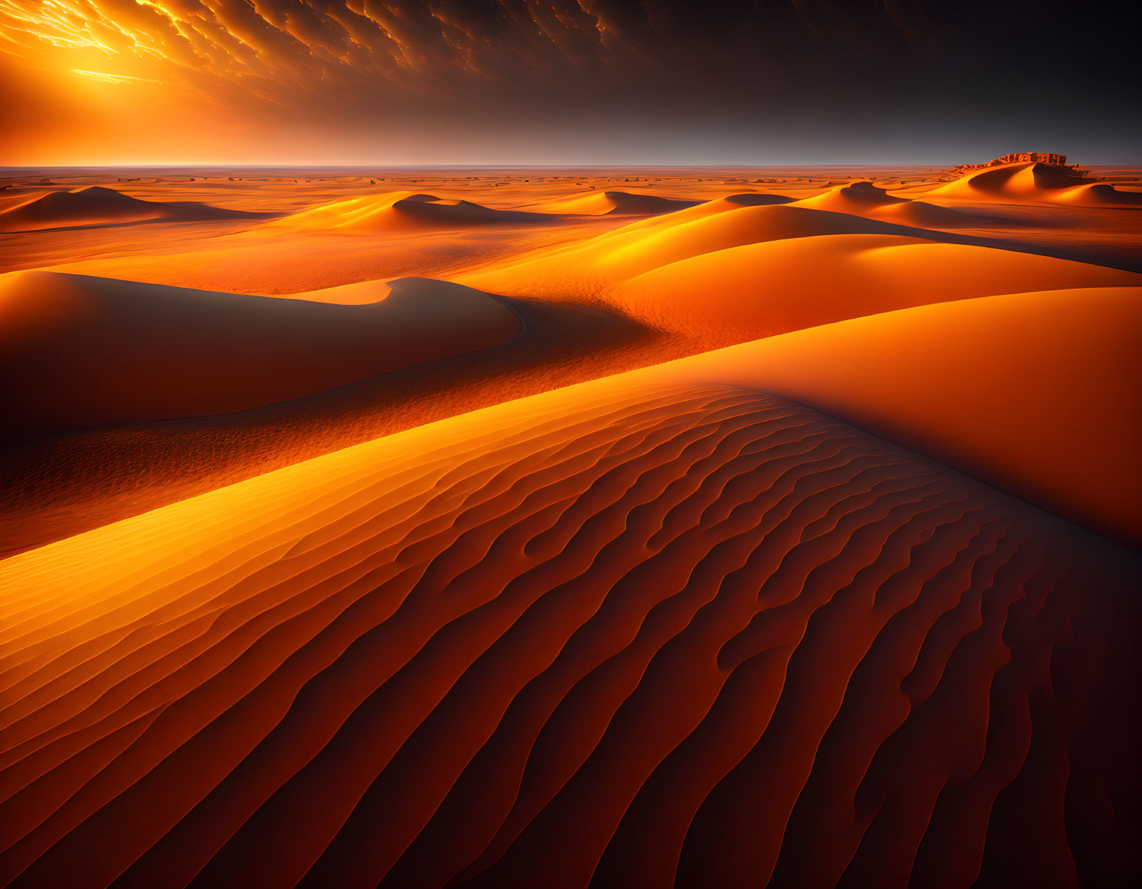 Vibrant sunset over sand dunes with dramatic sky