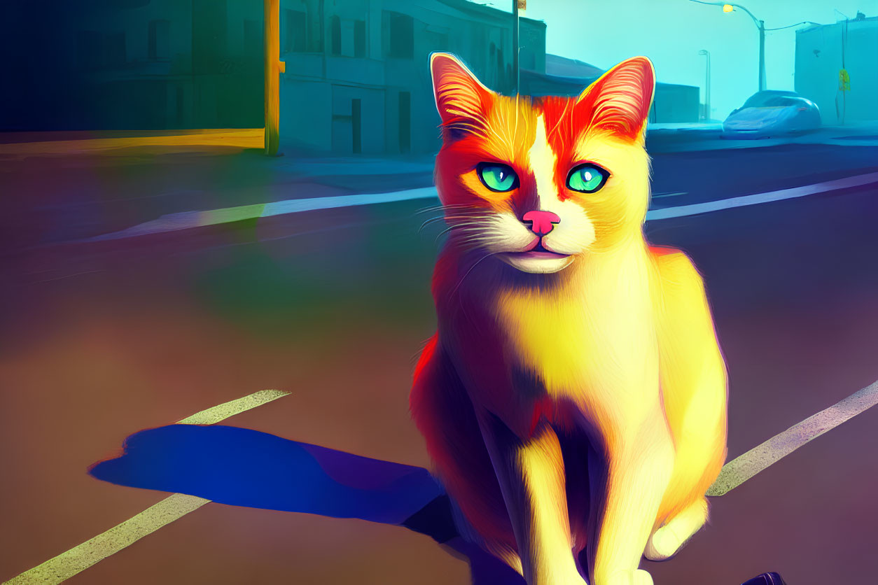 Stylized large cat with red and blue eyes on urban street