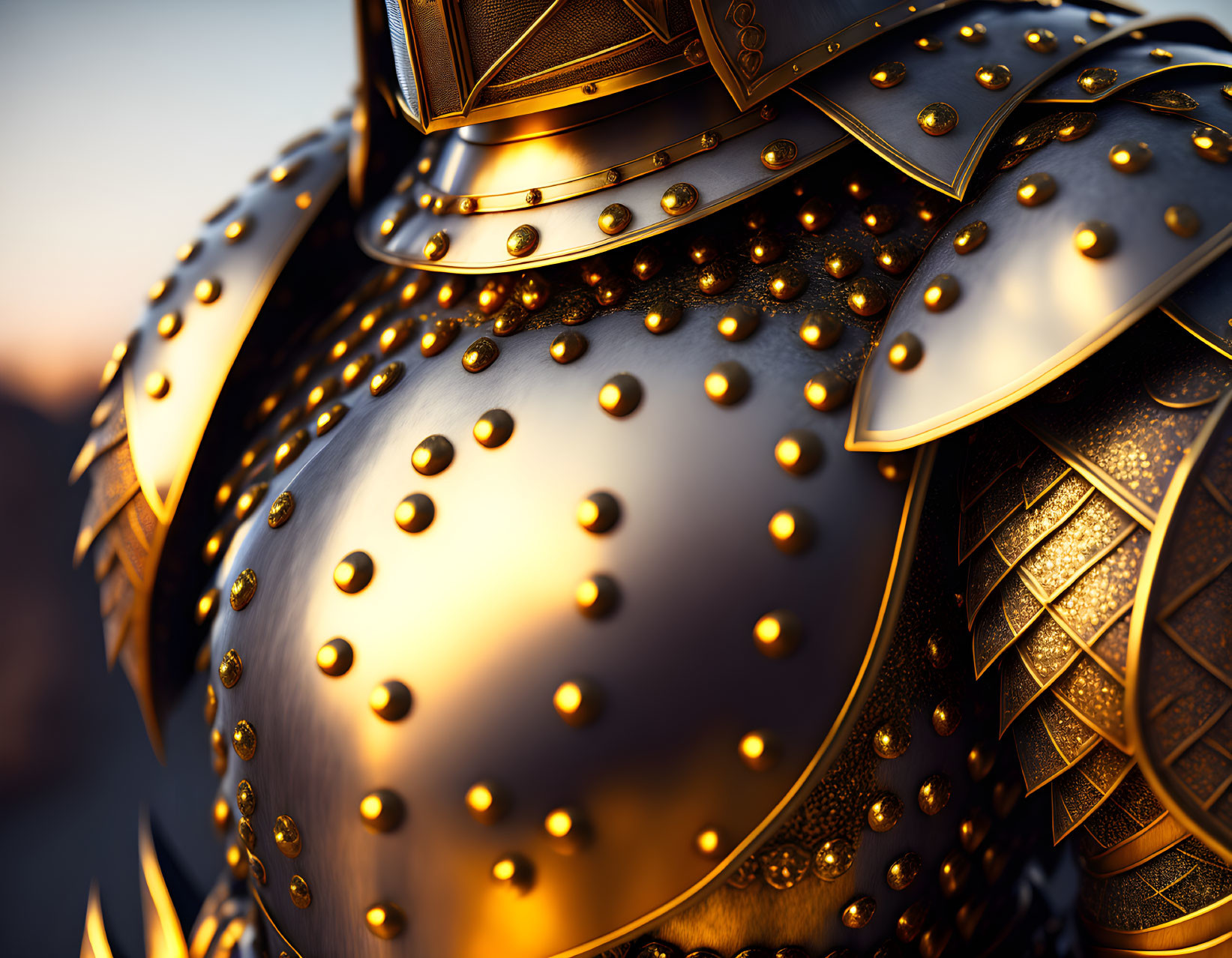 Detailed Golden Armor with Rivet and Embossed Metal Plates on Warm Background