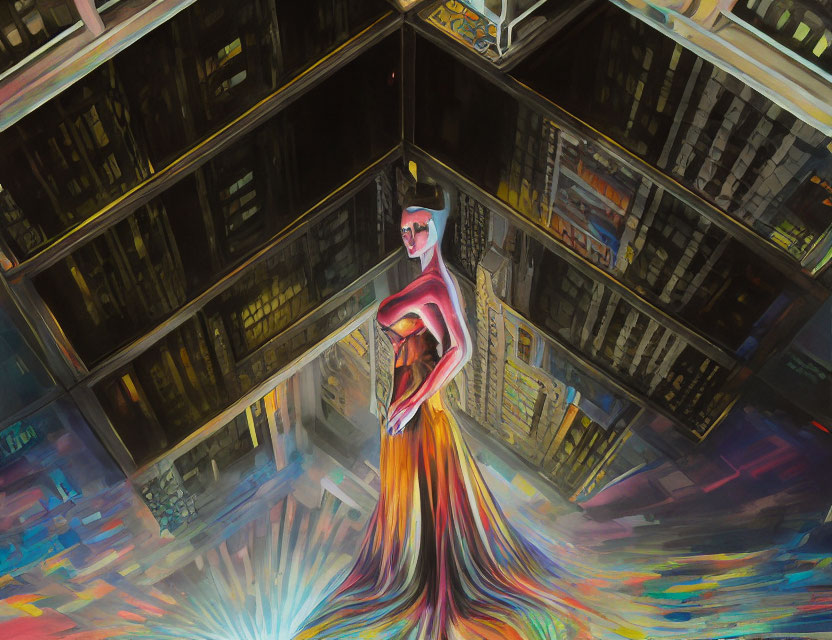Colorful painting of woman in flowing dress with cityscape reflection