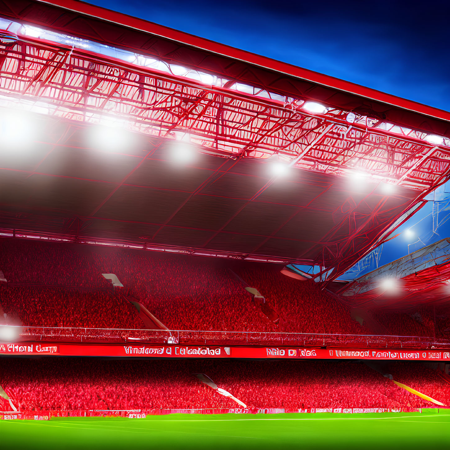 Vibrant red stadium seats under bright evening lights