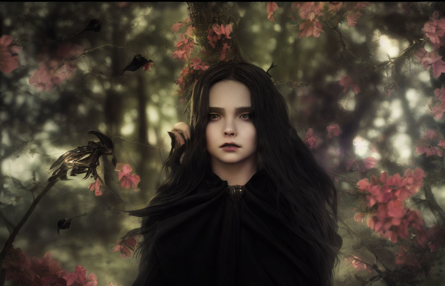 Dark-haired young woman in mystical forest with blackbirds and blooms