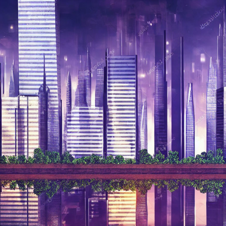 Futuristic cityscape with illuminated skyscrapers and greenery accents