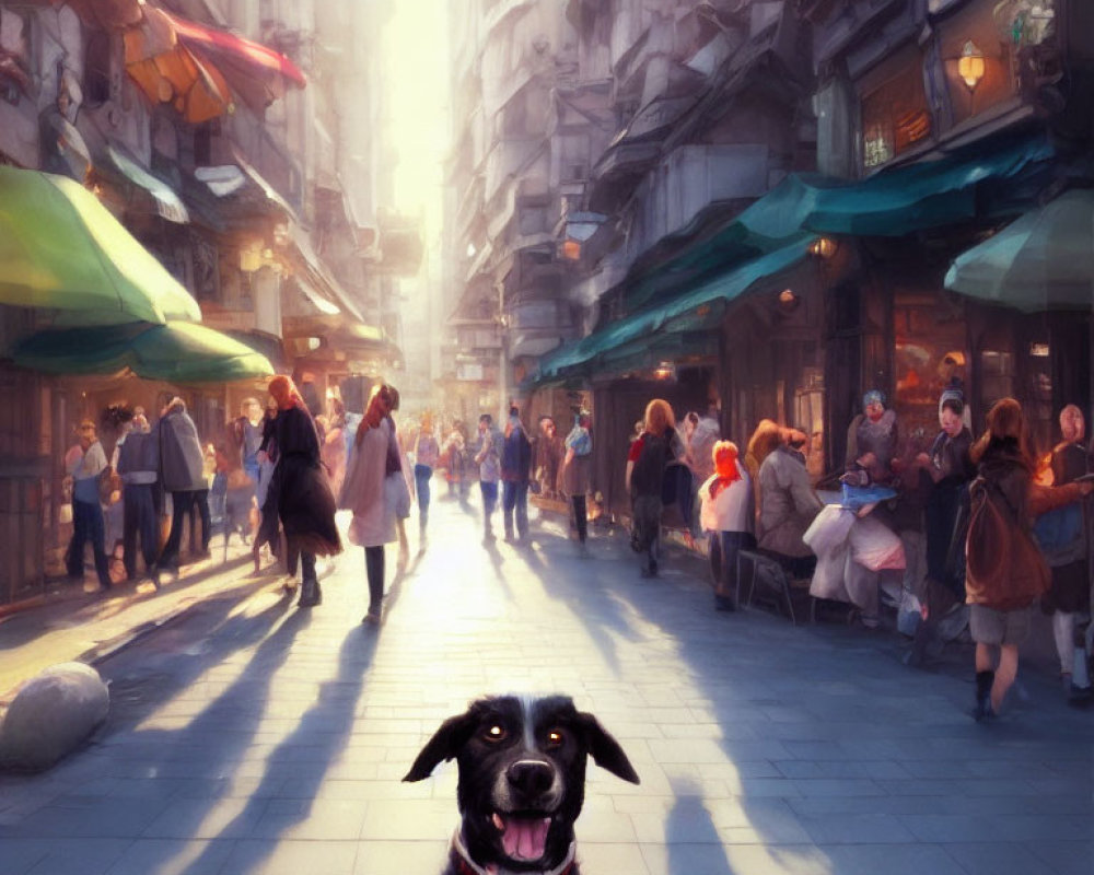 Happy black dog in bustling urban street scene with sidewalk cafes and people dining on a sunny day.