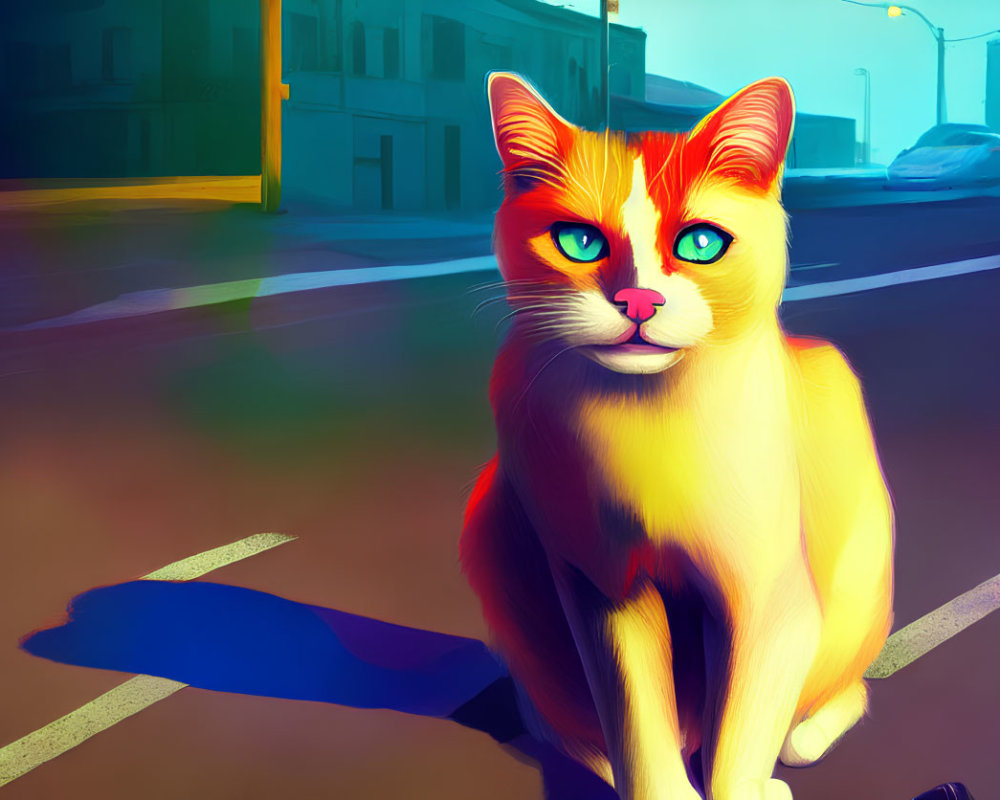 Stylized large cat with red and blue eyes on urban street