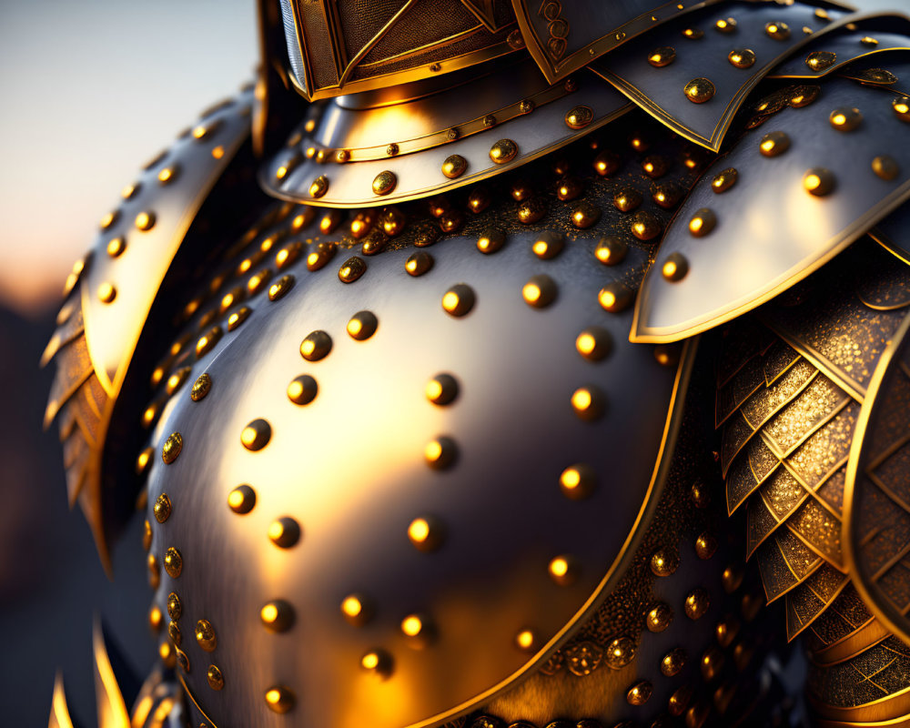 Detailed Golden Armor with Rivet and Embossed Metal Plates on Warm Background