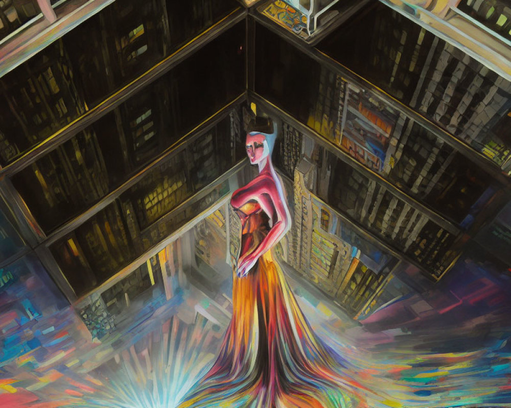 Colorful painting of woman in flowing dress with cityscape reflection