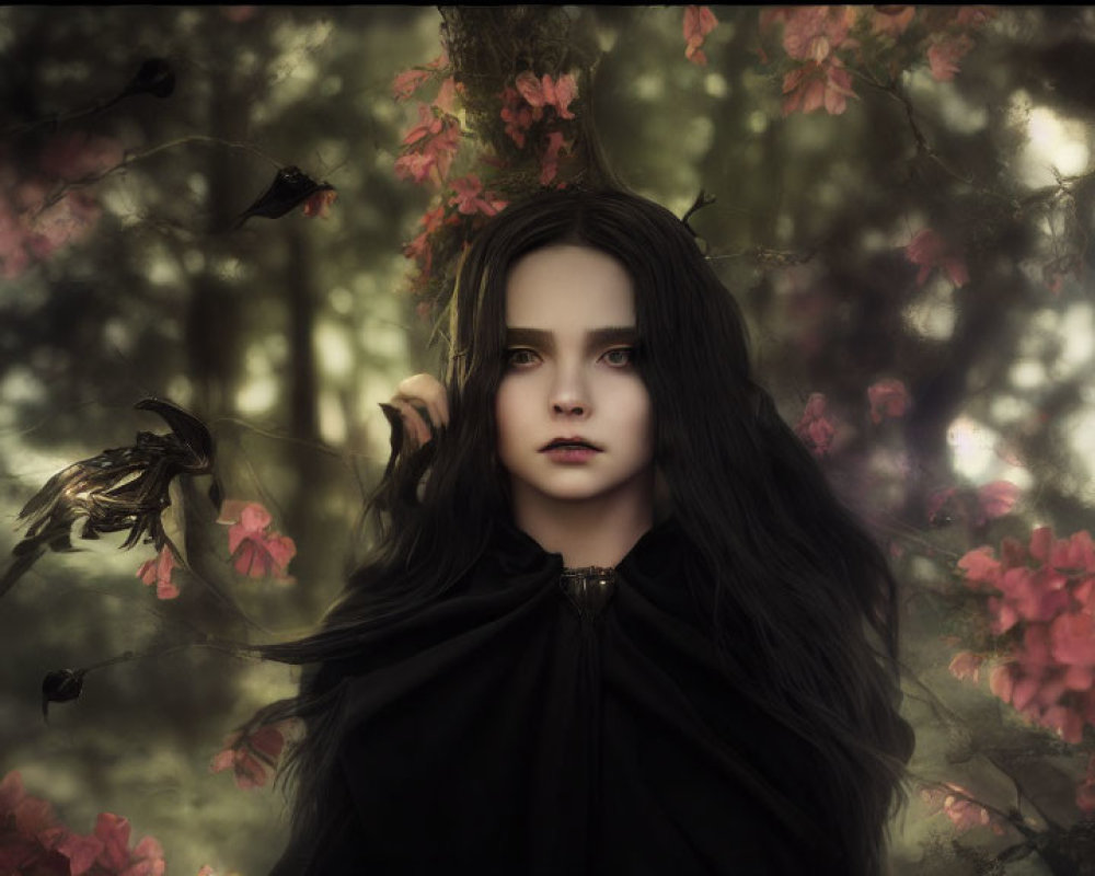 Dark-haired young woman in mystical forest with blackbirds and blooms