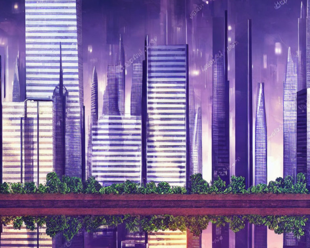 Futuristic cityscape with illuminated skyscrapers and greenery accents