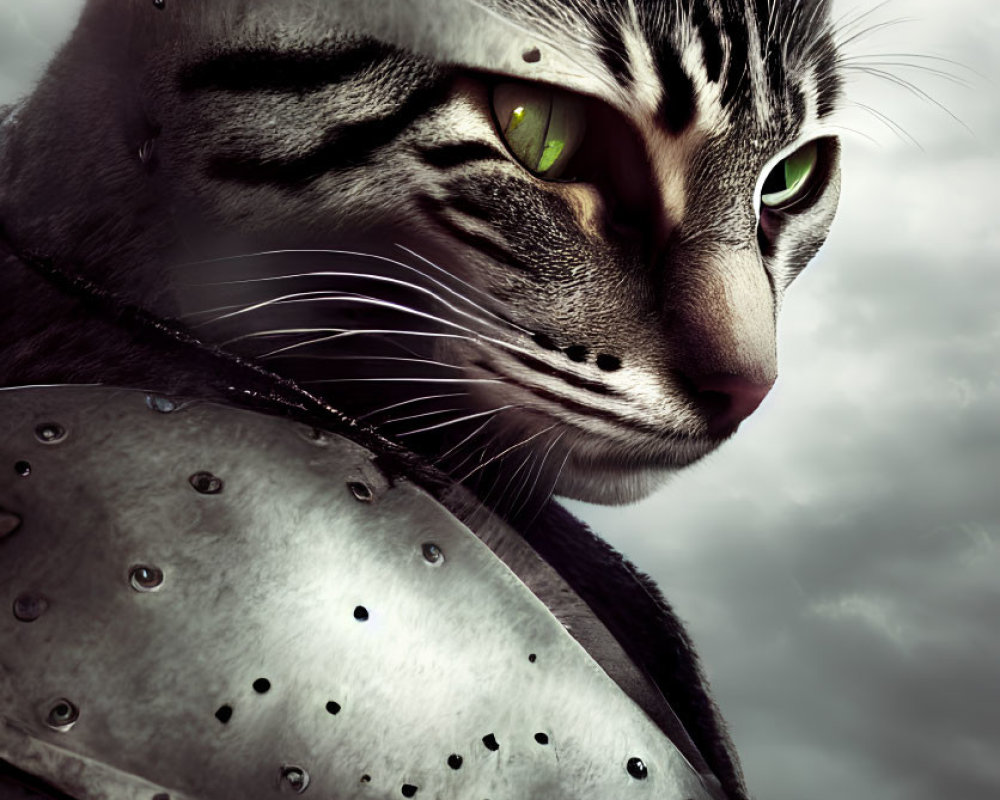 Serious Cat in Knight Armor Against Cloudy Sky