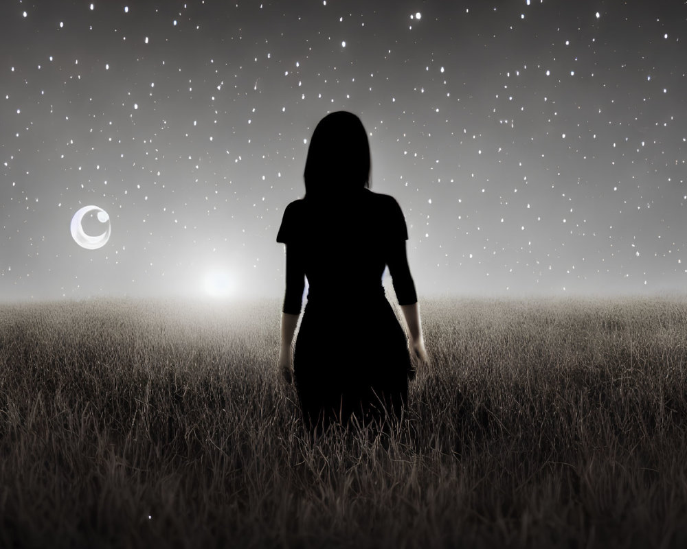 Silhouette of woman in field under starry night sky with crescent moon