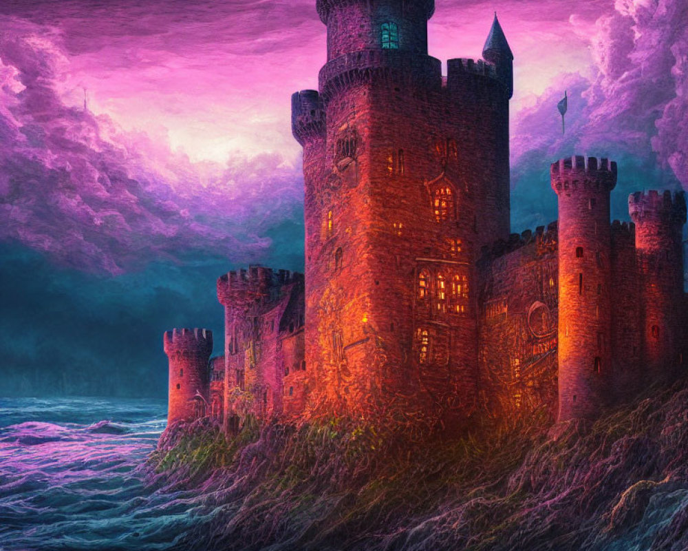 Medieval castle on rocky seaside under pink and purple sky